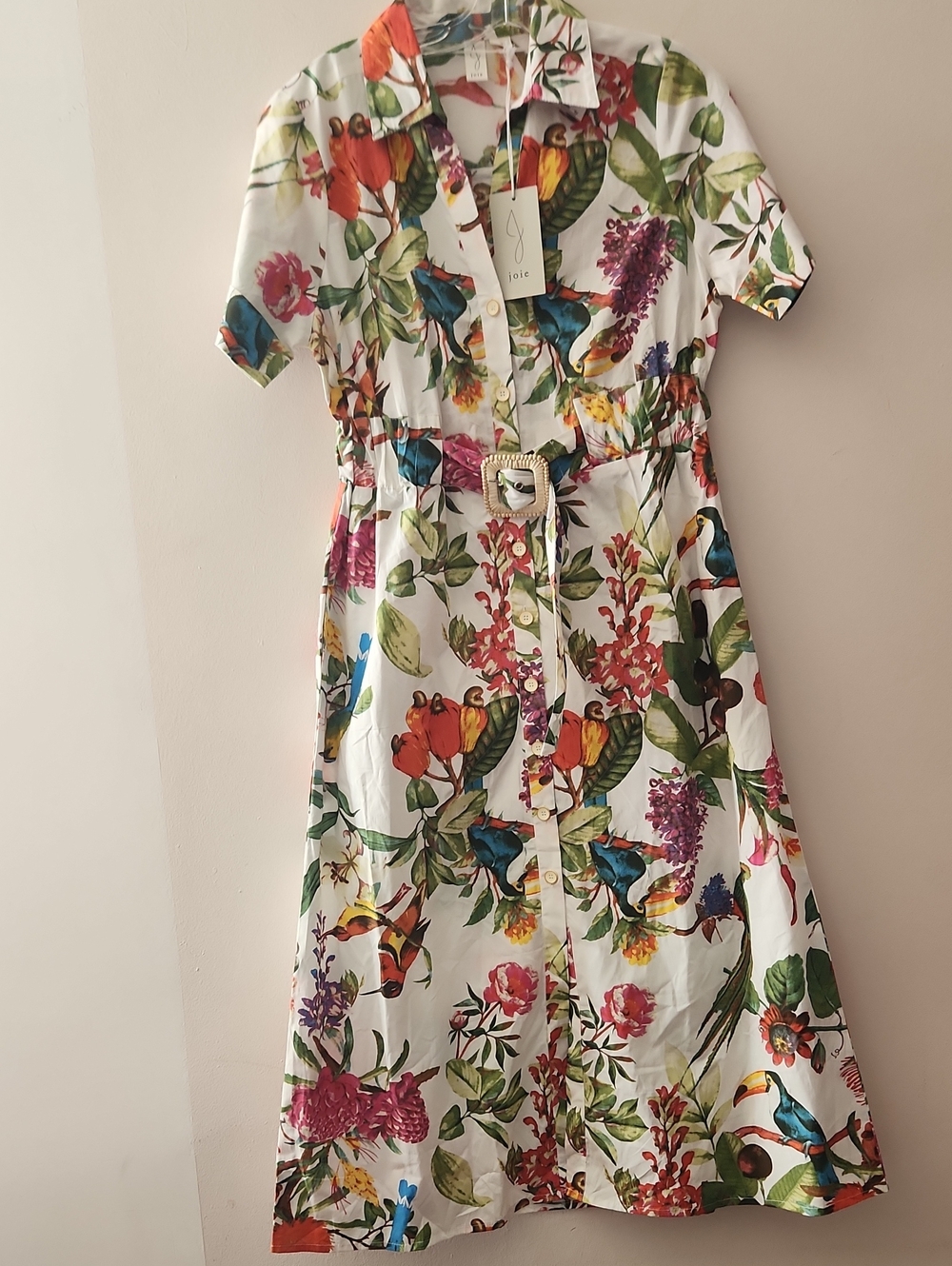 Joie Tropical Floral And Birds Print Short Sleeve Cotton Shirt Dress M